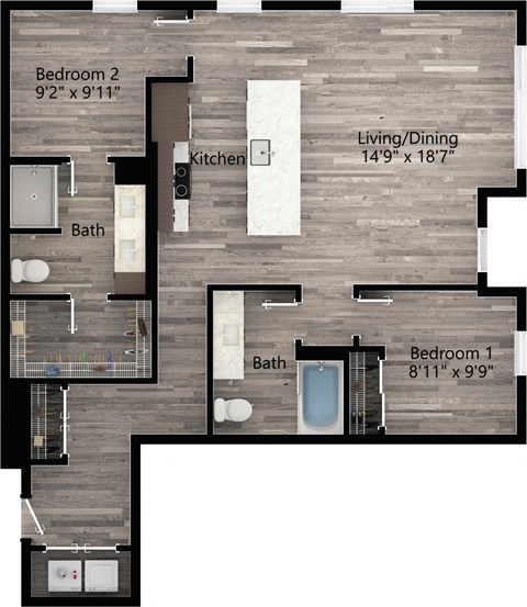 Floor plan for 2 beds, 2 baths, 1164 sqft